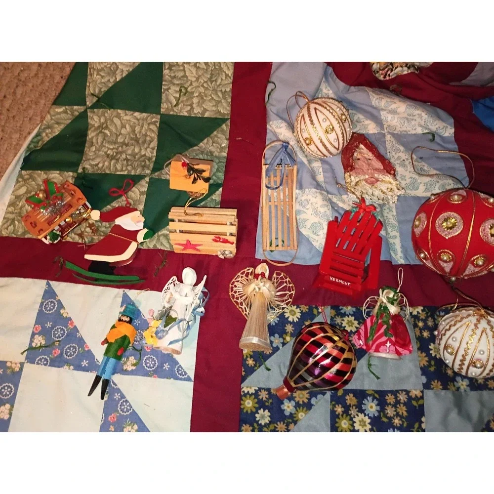 Lot Of 37 Vintage Christmas Ornaments Santa, Needlepoint, Wooden, Ceramic Mixed